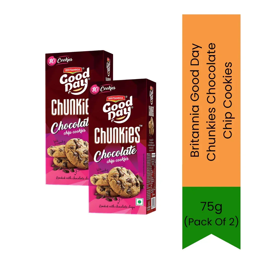 Britannia Good Day Chunkies Chocolate Chip Cookies | 2 Pack x 75g - Premium Thick Rich Cafe-Style Biscuits, Gourmet Sweet Chocolate Indulgence | South Africa | India Bazaar