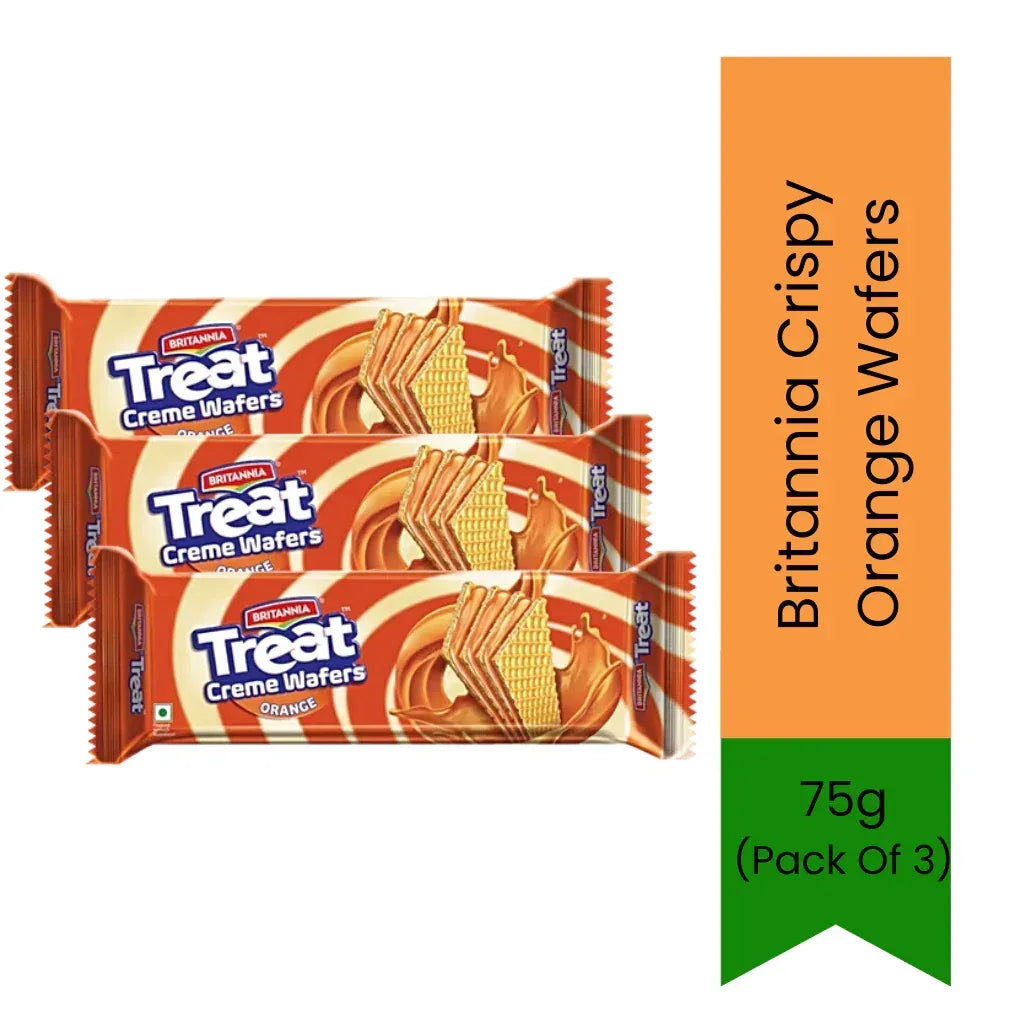 Britannia Crispy Wafers Orange Cream Layers (Santra Wafer Biscuit) | 75g (Pack of 3) - Delicate Layered Wafer Biscuits for Kids Tiffin & Dessert Topping, Zesty Citrus Sweetness | South Africa | India Bazaar