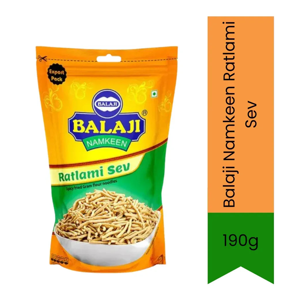 Balaji Ratlami Sev / Spicy Gram Flour Noodles | 190g - Crispy Cloven & Pepper Spiced Chickpea Strings, Bold Pungent Ready-to-Eat Hot Savoury Farsan | South Africa | India Bazaar