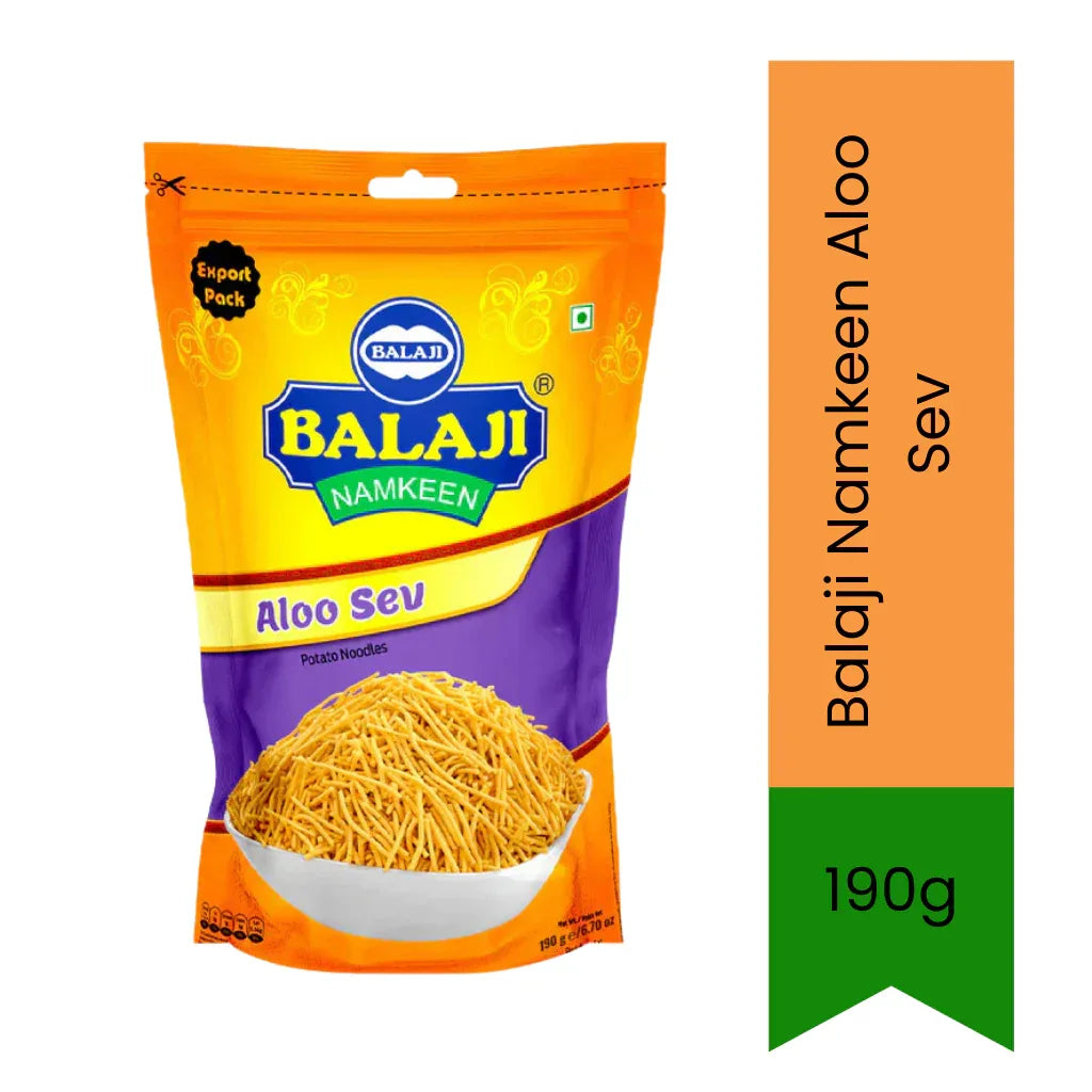 Balaji Namkeen Aloo Sev (Potato Sev) | 190g - Crispy & Spiced Potato Flour Sev Snacks for Tea Time & Chaat Toppings | Delivers Authentic Savory Flavor & Crunchy Texture | South Africa | India Bazaar