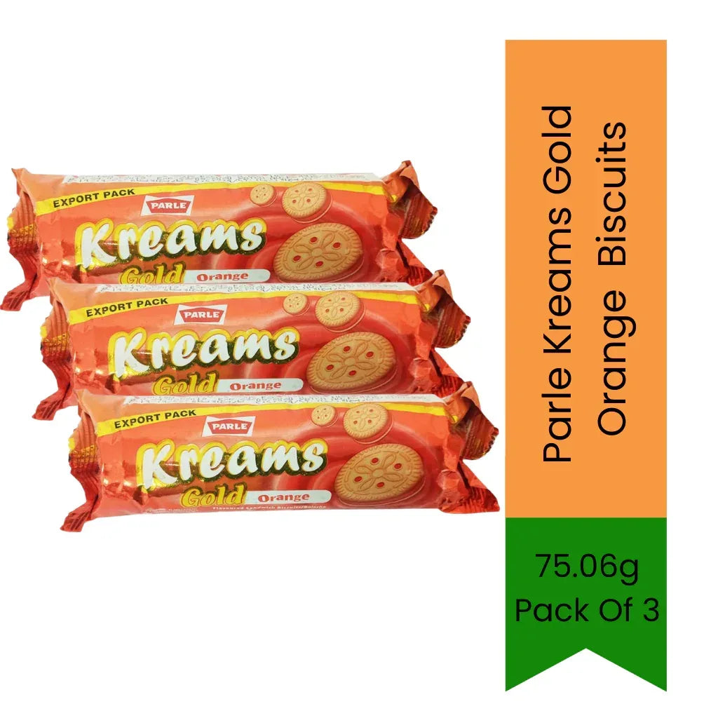 Parle Kreams Gold Orange Cream Biscuits (Santra Cream Biscuit) | 75.06g (Pack of 3) - Tangy Fruit Cream Filled Sandwich Biscuits for Kids Parties & Quick Bites, Citrus Aroma | South Africa | India Bazaar