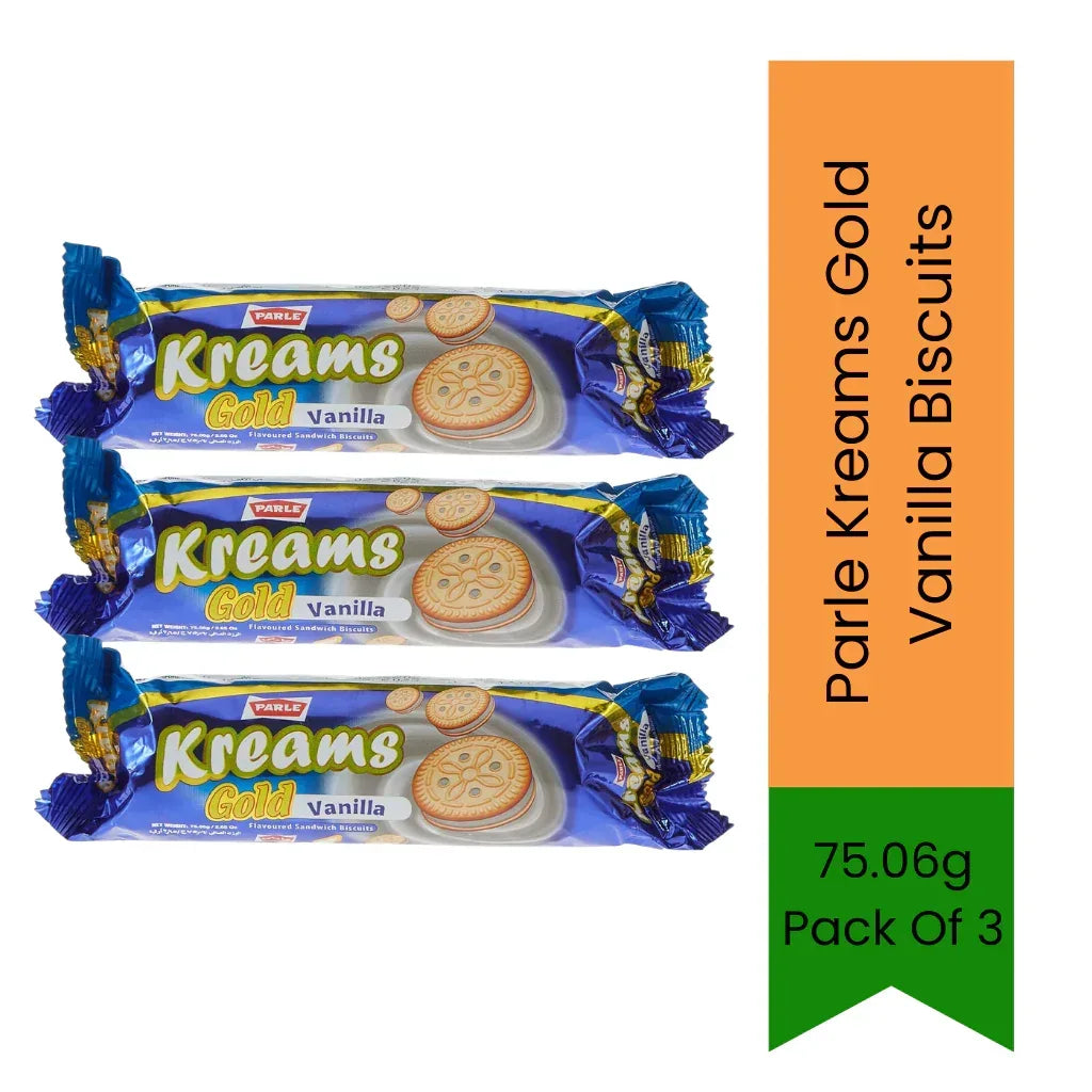 Parle Kreams Gold Vanilla Cream Biscuits (Vanilla Malai Biscuit) | 75.06g (Pack of 3) - Smooth Sweet Vanilla Sandwich Cookie for School Snacks & Treats, Crispy Golden Outer Layer | South Africa | India Bazaar