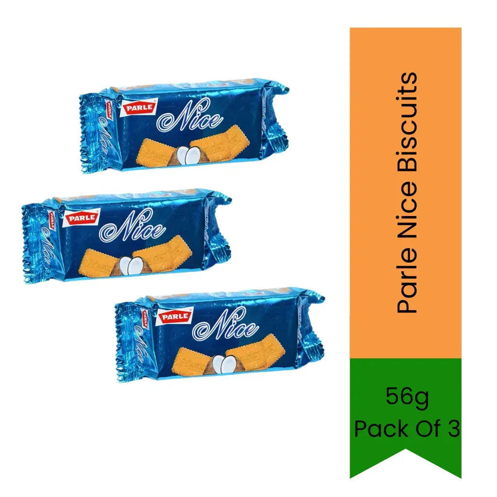 Parle Nice Coconut Sugar Sprinkled Biscuits (Nariyal Biscuit) | 56g (Pack of 3) - Sweet Coconut Flavor for Evening Treats & Dessert Toppings, Iconic Sugar Crusted Crisp | South Africa | India Bazaar