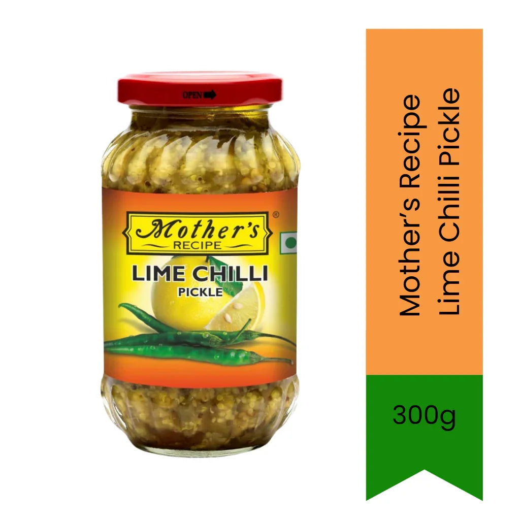 Mother's Recipe Lime Chilli Pickle (Nimbu Hari Mirch Achar) | 300g - Tangy Cured Whole Limes & Sliced Green Chilies Condiment for Weight Loss Meals & Sick Day Khichdi, Sour Zing | South Africa | India Bazaar