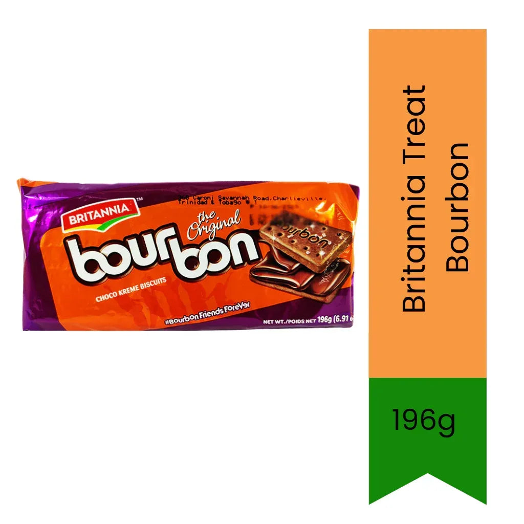 Britannia Treat Bourbon Biscuits (Chocolate Cream Cookies) | 196g - Classic Sugar-Sprinkled Chocolate Cream Sandwich for Tea-Time, Rich Cocoa Flavor | South Africa | India Bazaar