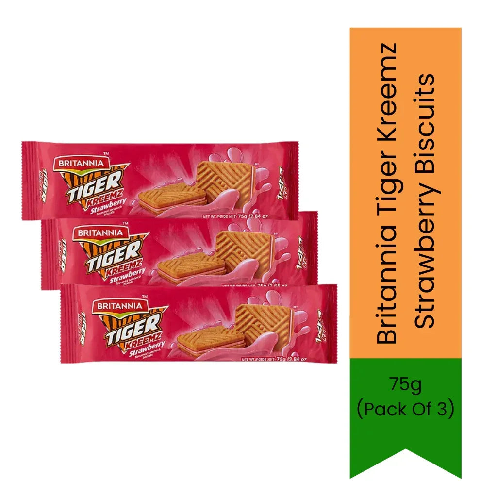 Britannia Tiger Kreemz Strawberry Biscuits (Fruity Cream Biscuit) | 225g (Pack of 3) - Glucose Rich Strawberry Cream Sandwich Cookies for Growing Kids Energy & Budget Lunchboxes | South Africa | India Bazaar