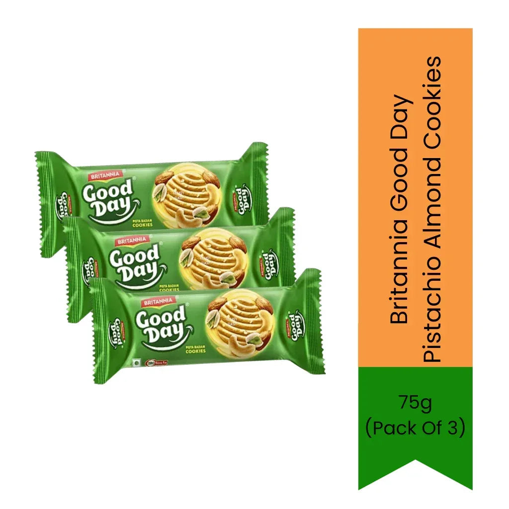 Britannia Good Day Pistachio Almond Cookies Multipack (Pista Badam Biscuits) | 225g (3 x 75g Pack) - Nutty Premium Butter Biscuits for Guests & High Tea | South Africa | India Bazaar