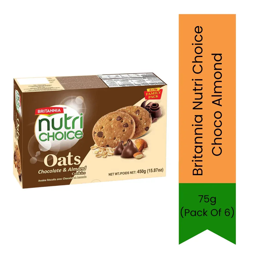 Britannia Nutri Choice Choco Almond Digestive Cookies (Badam Chocolate Biscuit) | 75g (Pack of 6) - Guilt-Free Wholemeal Fitness Biscuits for Evening Tea & Sustained Morning Energy, Rich Cocoa Oats | South Africa | India Bazaar