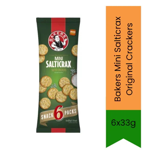 Bakers Mini Salticrax Original Crackers (Namkeen Biscuit) | 6x33g - Perfectly Salted, Crispy Texture | Ideal for Cheese Platters, Dips & Daily Snacking | South Africa | India Bazaar