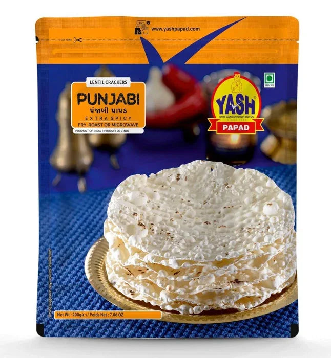 Yash Punjabi Papad (Spiced Black Pepper Urad Lentil Flat Cracker) | 200g - Crunchy Sun-Dried Appalam for Open-Flame Roasting & Everyday Dining Sides | South Africa | India Bazaar