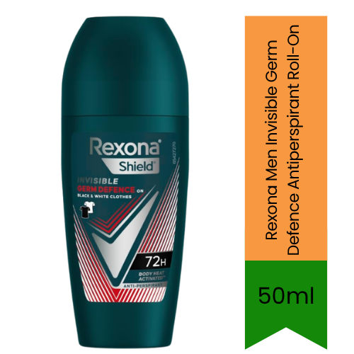 Rexona Shield Invisible Germ Defence Anti-Perspirant Roll-On (Roll-on Deodorant) | 50ml - Premium Protection | 48H Odour & Germ Protection | Anti-Yellow Stain | South Africa | India Bazaar
