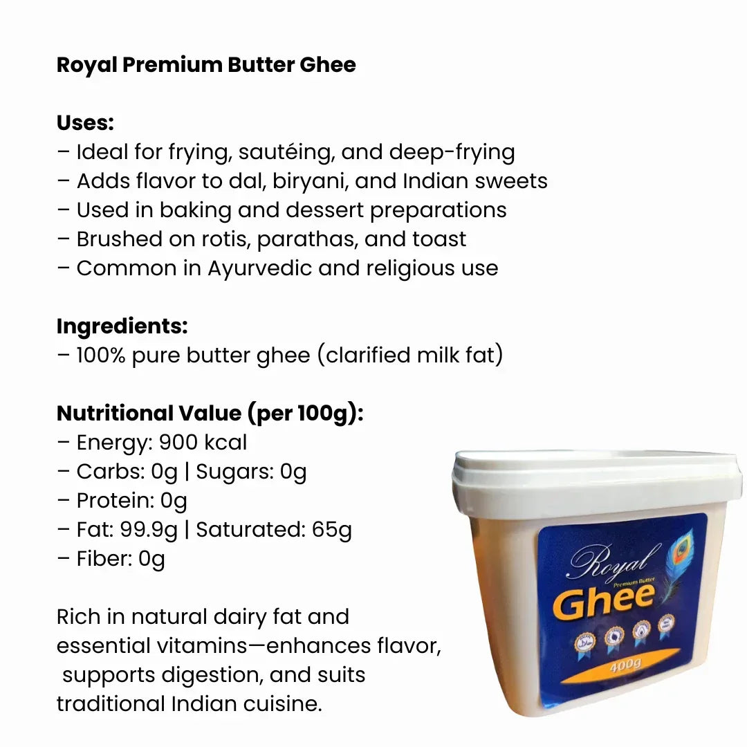 Royal Premium Clarified Butter / Ghee 400g | Healthy Cooking Fat for Frying, Baking, Roasting, Eggs & Toast | Rich in Good Fats & Lactose-Free | South Africa | India Bazaar