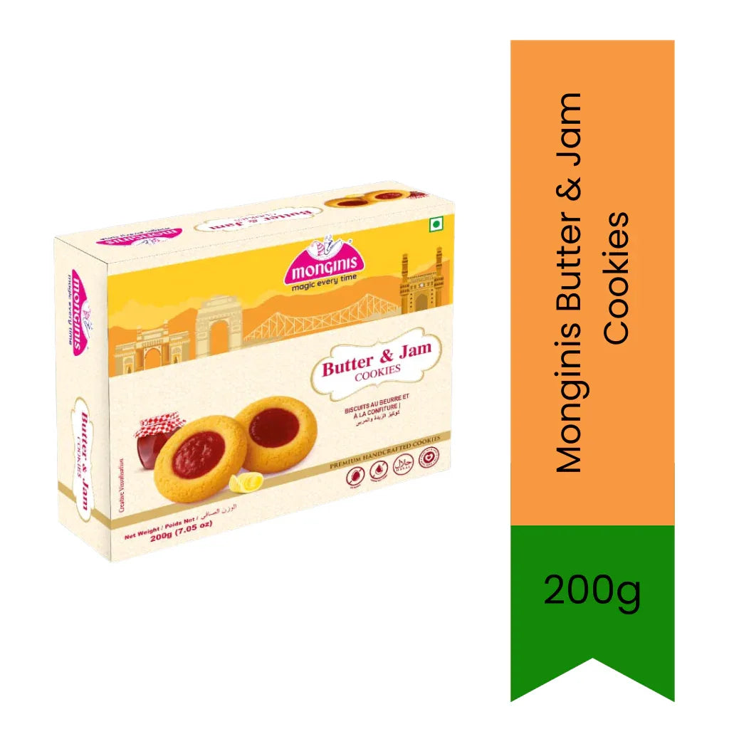 Monginis Butter & Jam Cookies | 200g - Buttery Cookies with Sweet Jam Centre for Tea Time, Soft Crumbly Texture & Classic Taste | South Africa | India Bazaar