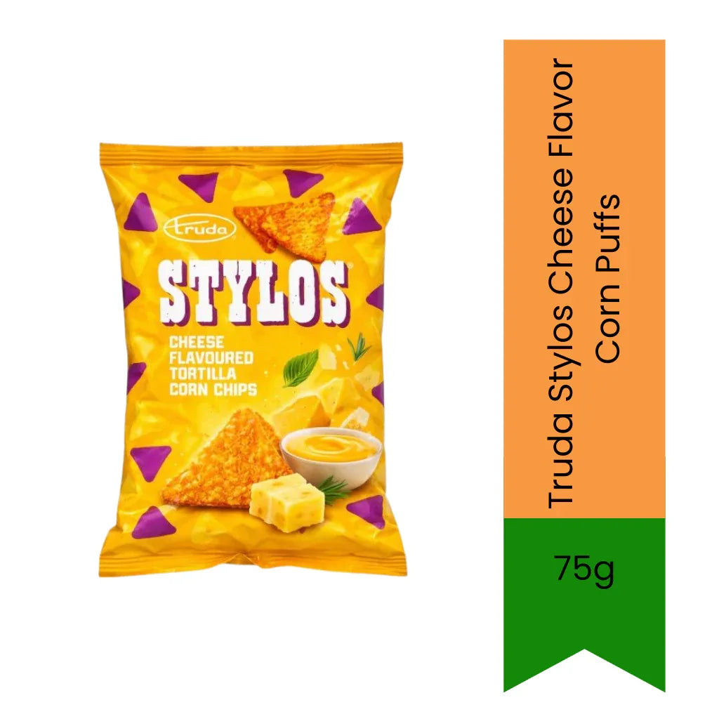 Truda Stylos Cheese Corn Puffs 75g | Cheesy Crunchy Snack | Light Corn Puff Chips | Ready-to-Eat Snack | South Africa | India Bazaar
