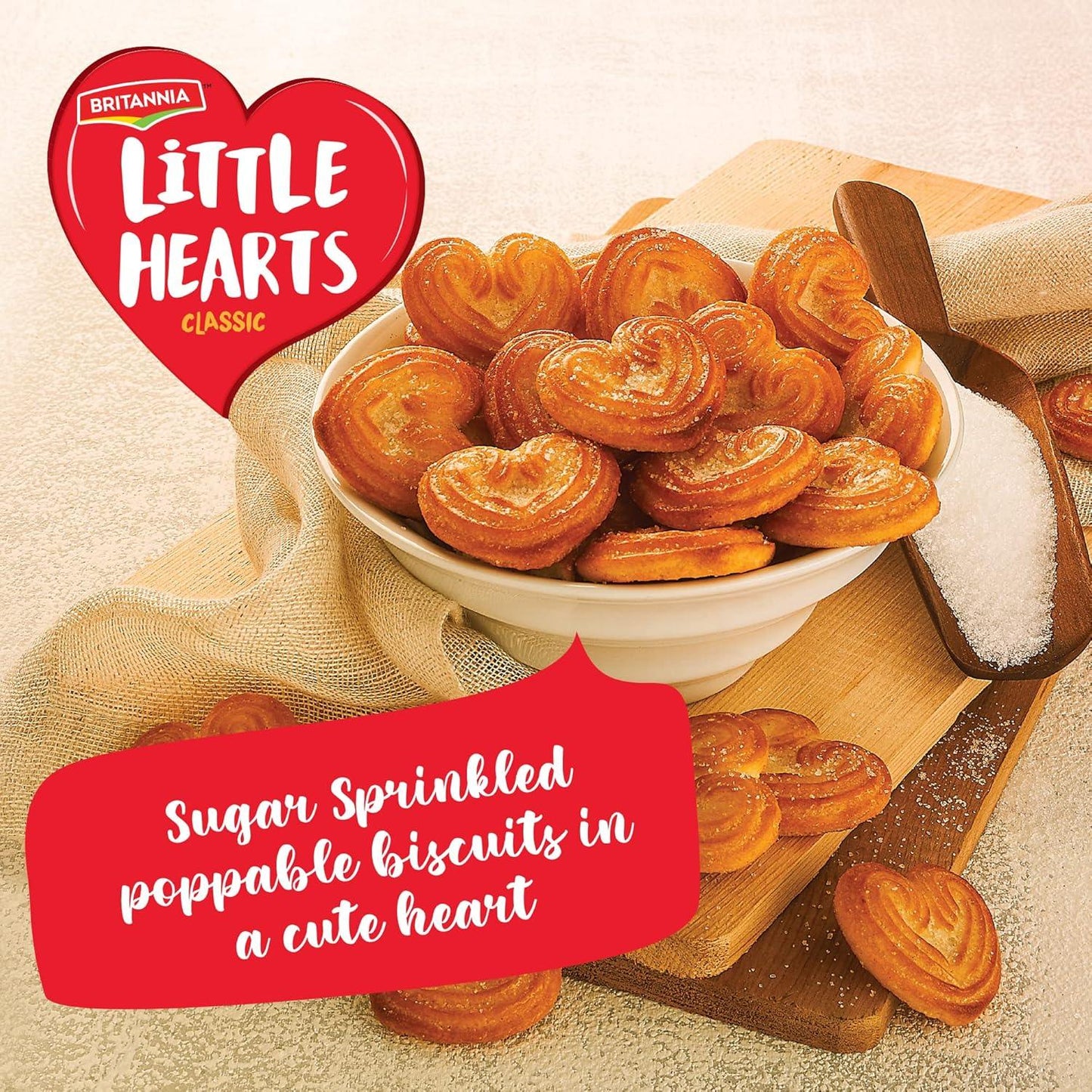 Britannia Little Hearts Sugar Coated Biscuits | 151.5g (50.5g x 3 Multipack) - Crispy Golden Heart-Shaped Sweet Glazed Cookies, Light Tea Time Snack | South Africa | India Bazaar