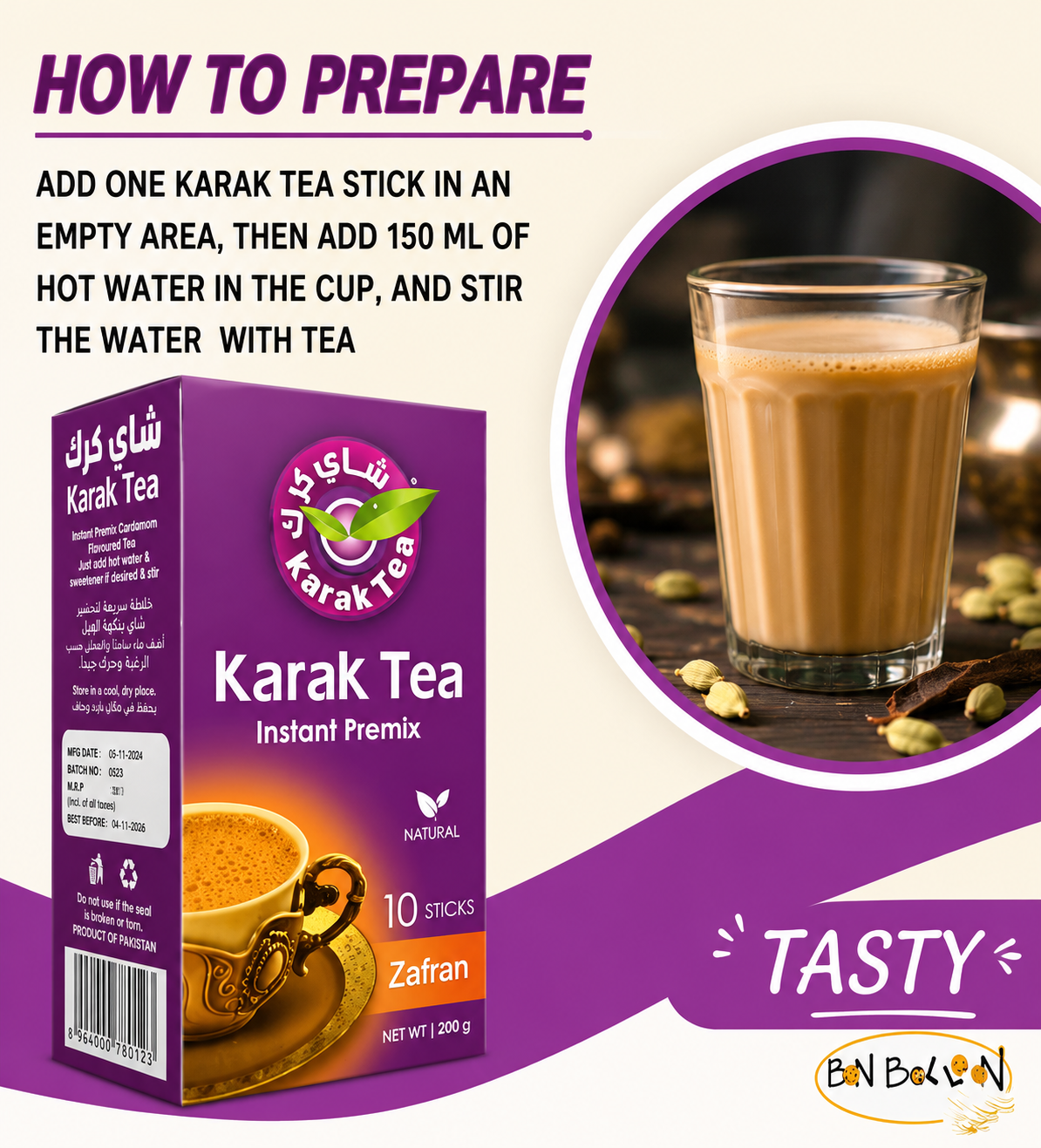Karak Tea Instant Premix Zafran (Saffron Karak Chai Sweetened) | Box Pack - Premium 3-in-1 Royal Saffron Milk Tea Powder, Instant Aromatic Warming Drink | South Africa | India Bazaar