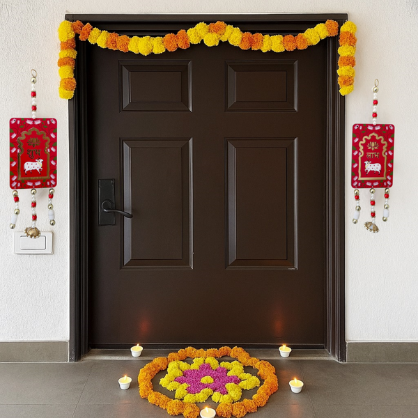 Shubh Labh Wall Hanging Pair – Traditional Red & Gold Cow Design for Auspicious Home Décor