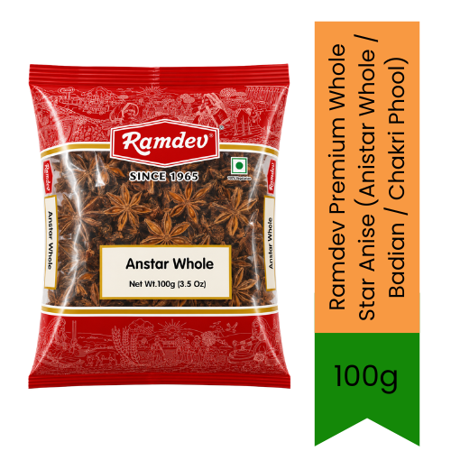 Ramdev Premium Whole Star Anise (Anistar Whole / Badian / Chakri Phool) | 100g - Highly Aromatic Whole Spice Blend for Authentic Biryanis, Garam Masala & Slow-Cooked Indian Curries | Adds Rich Sweet-Licorice Aroma | South Africa | India Bazaar