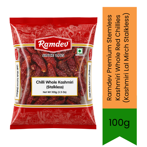 Ramdev Premium Kashmiri Whole Red Chillies (Kashmiri Lal Mirch Stalkless) - Mildly Pungent Dried Pods Perfect for Rich Red Gravies, Tandoori Dishes & Authentic Tempered Tadka | Adds Deep Vibrant Colour | South Africa | India Bazaar