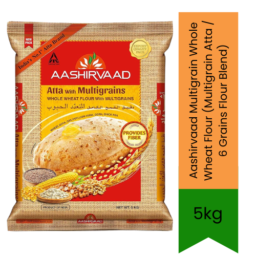Aashirvaad Multigrain Whole Wheat Flour (Multigrain Atta / 6 Grains Flour Blend) | 5kg - High-Fiber Nutrient-Rich Blend of Wheat, Oats, Soy, Chana, Maize & Psyllium Husk for Soft Healthy Rotis & Parathas | South Africa | India Bazaar