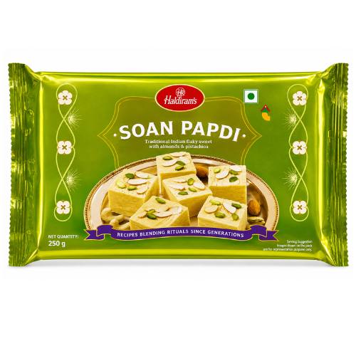 Haldiram's Soan Papdi - Garnished with Almonds & Pistachios (Soan Papdi / Flaky Sweet) | 250g - Authentic Flaky Fluffy Indian Dessert Melt-in-Mouth Sweet Treat for Festivals, Gifting & Teatime | South Africa | India Bazaar