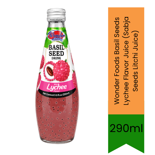Wonder Foods Basil Seeds Lychee Flavor Juice (Sabja Seeds Litchi Juice) | 290ml - Refreshing Tropical Drink for Cooling Refreshment | Delivers Chewy Basil Seeds & Sweet Exotic Taste | South Africa | India Bazaar