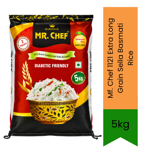 Mf. Chef 1121 Extra Long Grain Sella Basmati Rice | 5kg - Diabetic Friendly (Parboiled Basmati Chawal), Non-Sticky Aged Rice for Biryani & Pulao | Delivers Low GI & Fluffy Texture | South Africa | India Bazaar