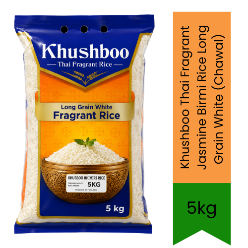 Khushboo Thai Fragrant Jasmine Birmi Rice Long Grain White (Chawal) | 5kg - Premium Aromatic White Rice for Curries, Stir-Fries & Asian Cuisine | Delivers Soft Fluffy Texture & Floral Aroma | South Africa | India Bazaar