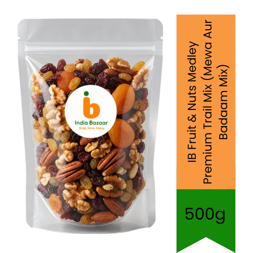 IB Fruit & Nuts Medley Premium Trail Mix (Mewa Aur Badaam Mix) | 500g - Energy Boosting Healthy Snack Blend of Roasted Nuts & Dried Fruits for Gym & Travel Pots | South Africa | India Bazaar