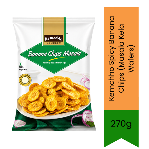 Kemchho Spicy Banana Chips (Masala Kela Wafers) | 270g - Crispy Savoury Plantain Slices for Tea Time Snacking | Infused with Aromatic Indian Masala Spices to Deliver a Deliciously Tangy & Crunchy Bite | South Africa | India Bazaar