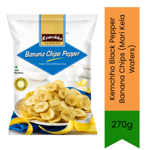 Kemchho Black Pepper Banana Chips (Mari Kela Wafers) | 270g - Crispy Fried Plantain Slices for Tea Time Snacking | Seasoned with Crushed Black Pepper for a Mildly Fiery, Crunchy & Savoury Snack Bite | South Africa | India Bazaar