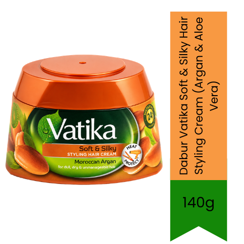 Dabur Vatika Soft & Silky Hair Styling Cream (Argan & Aloe Vera) | 140g - Ultra-Smoothing Leave-In Conditioner Gel for Manageable Frizz-Free Shine | South Africa | India Bazaar