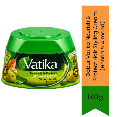 Dabur Vatika Nourish & Protect Hair Styling Cream (Henna & Almond) | 140g - Daily Grooming Protection Polish for Weak Strands, Boosts Moisture & Elasticity | South Africa | India Bazaar