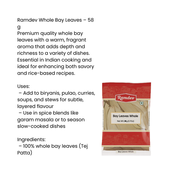 Ramdev Whole Bay Leaves 58g – Premium Quality|BB:MAR.2027