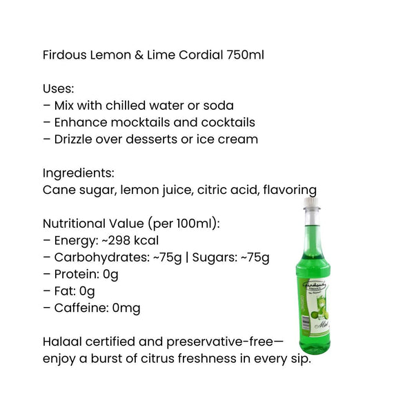 Firdous Lemon & Lime Cordial 750ml |BB:01.MAR.2026