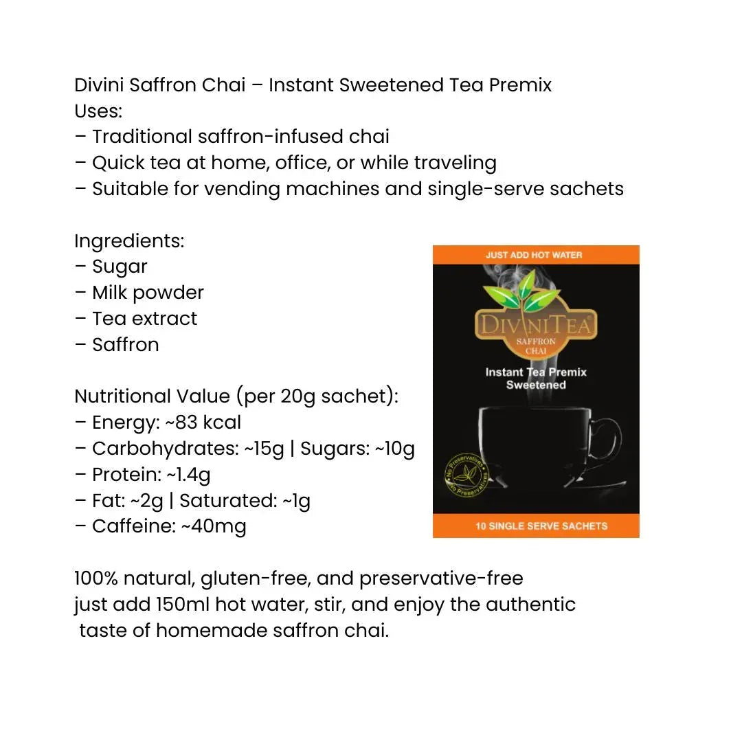 Divini Saffron Chai (Kesar Tea) | 10 Pack - Instant Sweetened Tea Premix for Office & Travel, Exotic Rich Indian Flavor | South Africa | India Bazaar