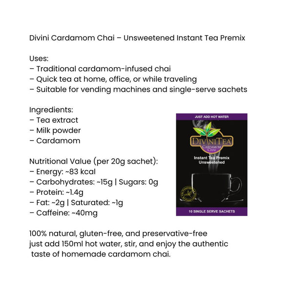 Divini Cardamom Chai – Unsweetened Instant Tea Premix | Bold Elaichi Flavor|BB:01.OCT.2026