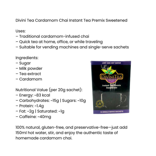 Divini Tea Cardamom Chai Instant Tea Premix Sweetened|BB:01.OCT.2026