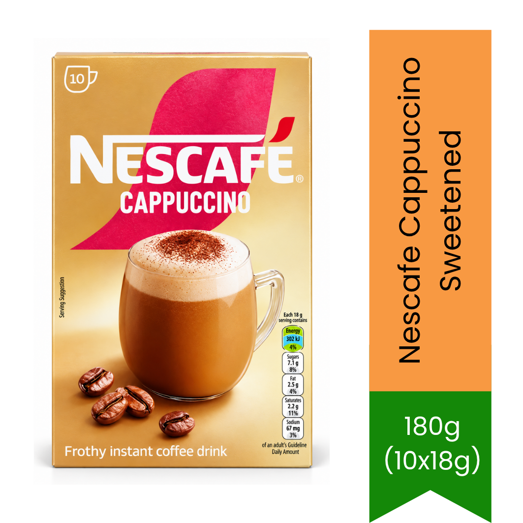 Nescafe Cappuccino Sweetened | 180g (10x18g) - Instant Coffee Sachets | Rich Espresso Blend with Creamy, Luxurious Froth Layer | South Africa | India Bazaar