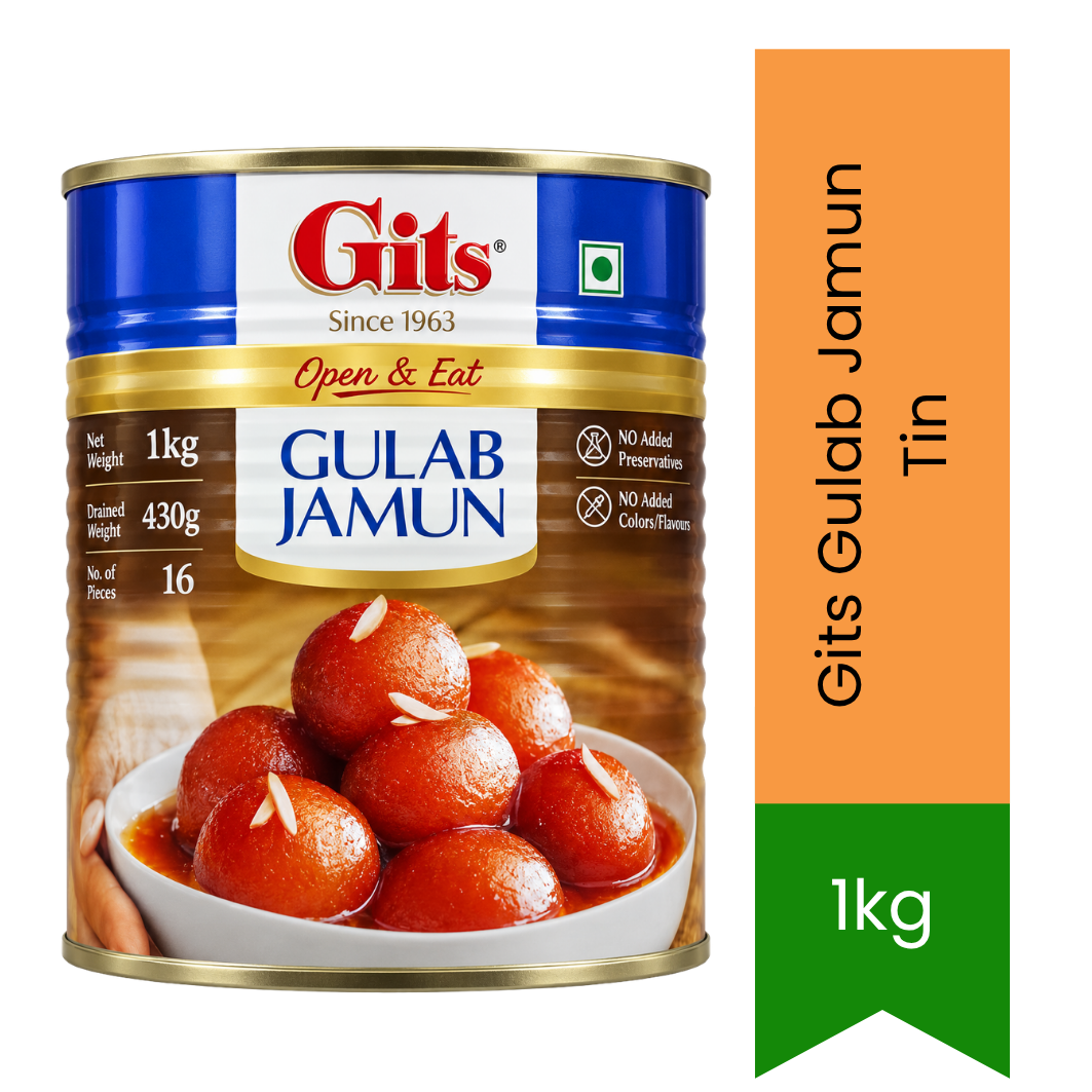 Gits Gulab Jamun Tin (Gulab Jamun) | 1kg - Authentic Ready-to-Eat Indian Sweet | Soft Spongy Milk Solids in Fragrant Cardamom Syrup | South Africa | India Bazaar