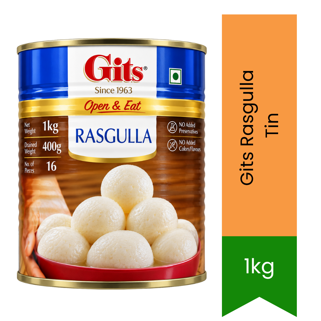 Gits Rasgulla Tin (Bengali Soft Sponge Rasgulla) | 1kg - Traditional Indian Sweet | Rich Cardamom Syrup, Tender Texture & Festive Treat | South Africa | India Bazaar