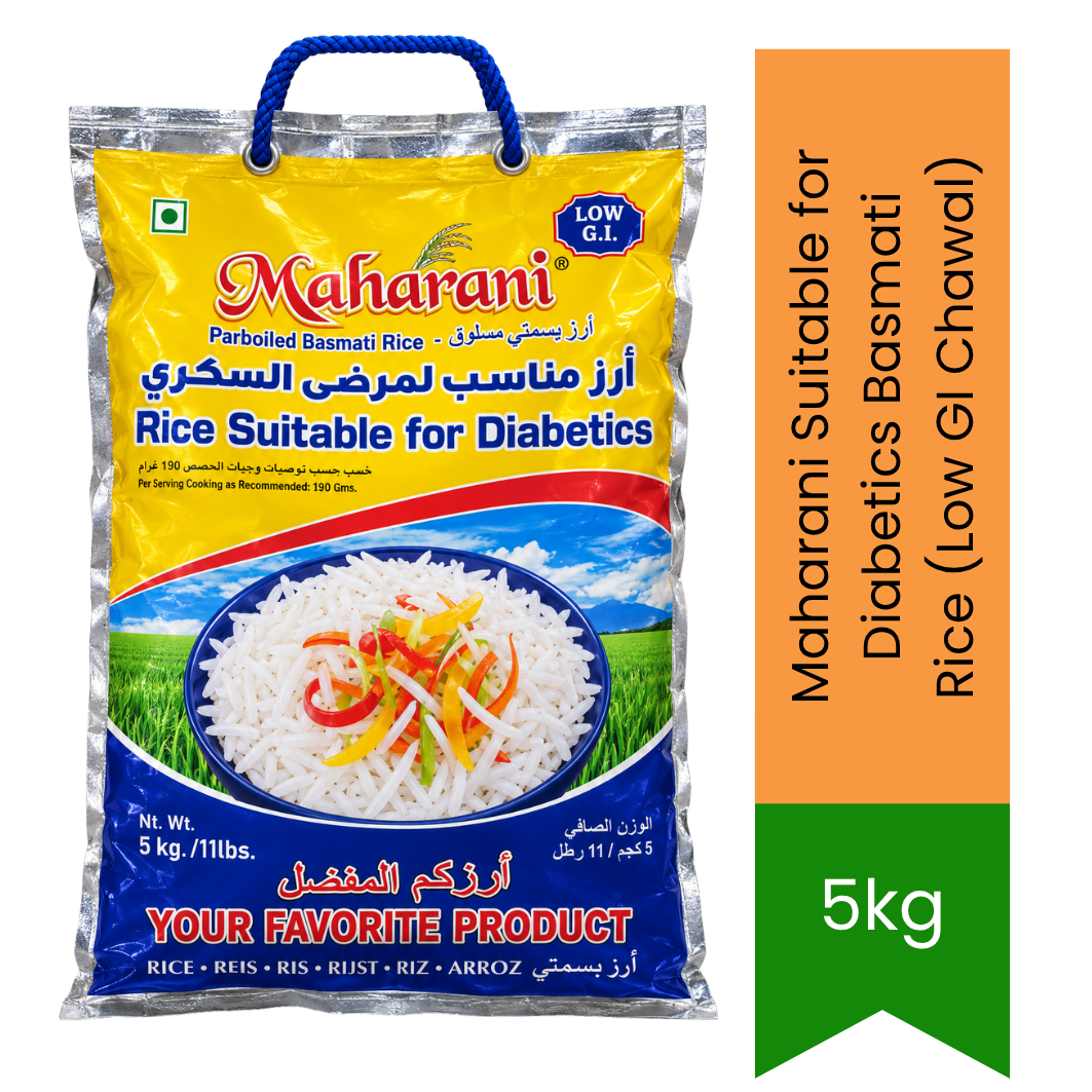 Maharani Parboiled Basmati Rice (Low GI Chawal) | 5kg - Sugar Control Diet Rice for Healthy Family Dinners, High Fiber Nutrition | South Africa | India Bazaar