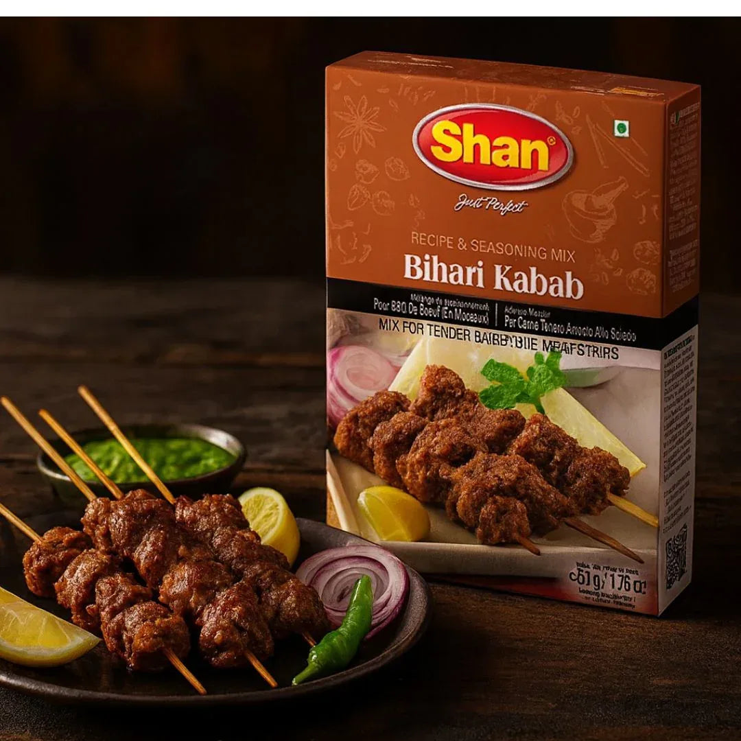 Shan Bihari Kabab Seasoning and Tenderizer Mix | 50g - Ultra-Soft Melt-in-Mouth Mustard-Infused Meat Paste Powder for Authentic Smokey Braai Strips | South Africa | India Bazaar