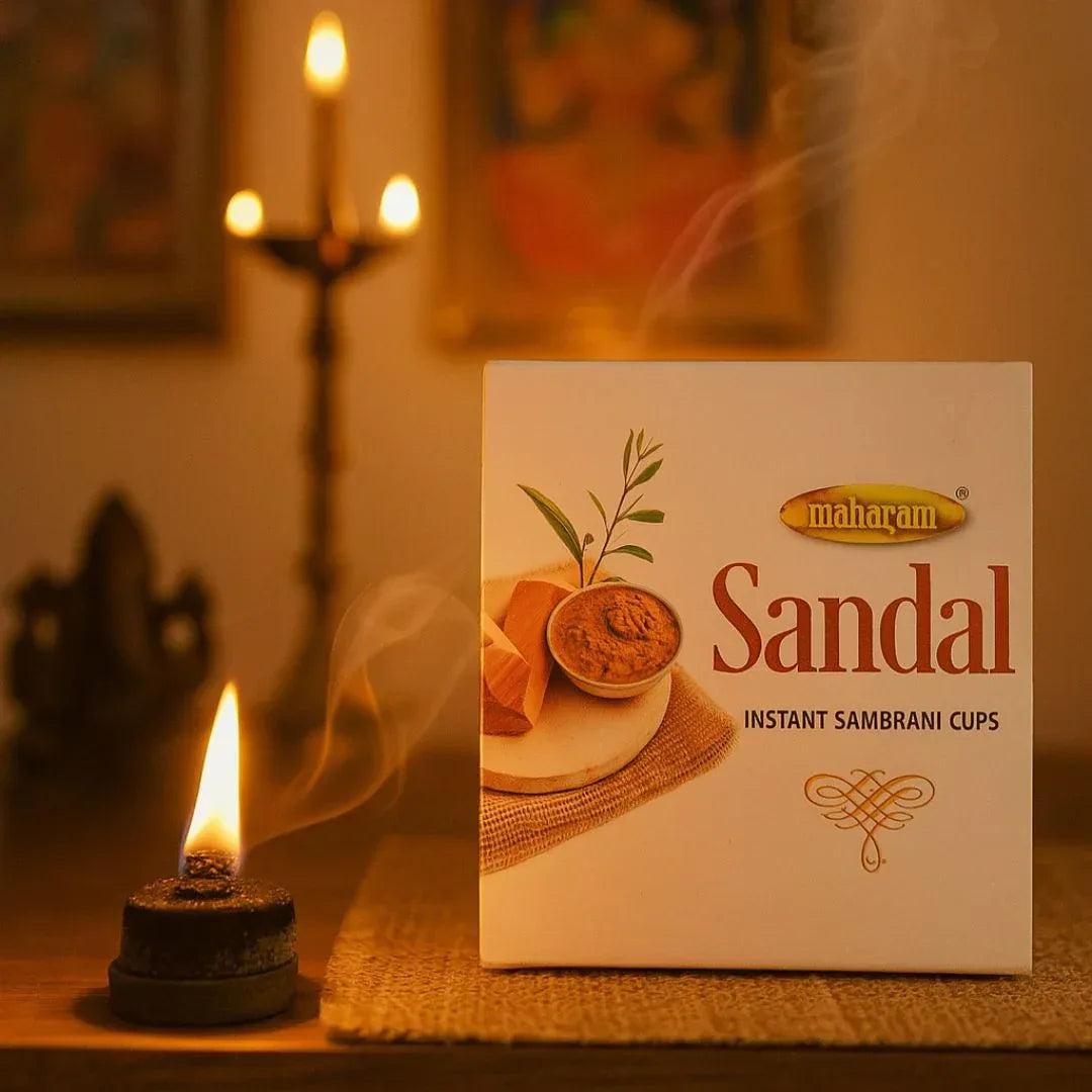 Maharani Sandal Instant Sambrani Cups (Chandan Dhoop Cups) | Box Pack - Meditative Sandalwood Resin Infused Incense Cups for Long-Lasting Festive Aura | South Africa | India Bazaar