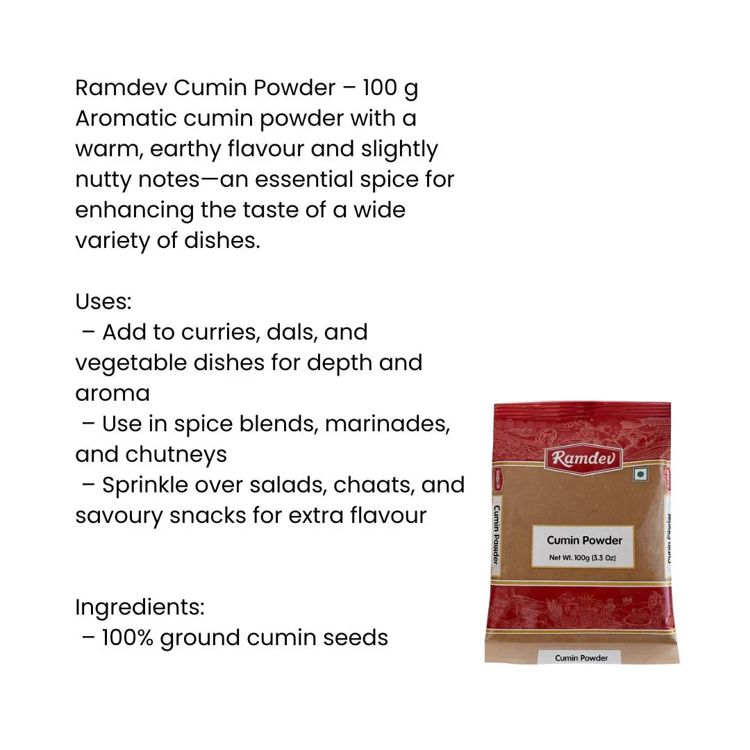 Ramdev Cumin Powder (Jeera Powder) | 100g - Aromatic Fresh Ground Cumin, Pure Indian Spice for Everyday Taco & Curry Seasoning | South Africa | India Bazaar