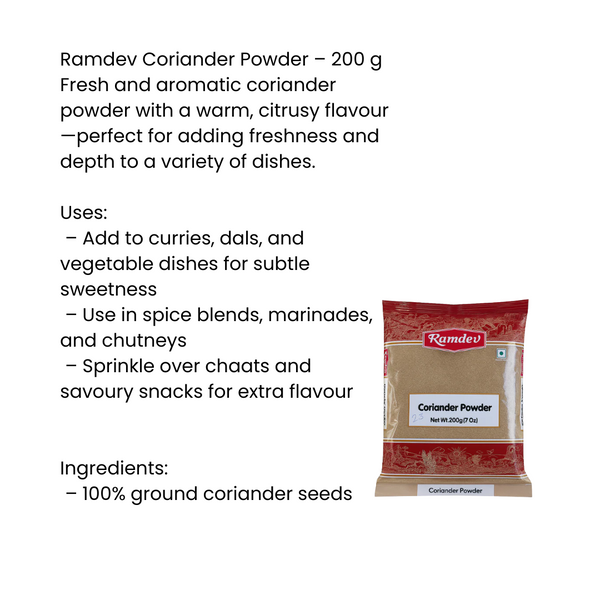 Ramdev Coriander Powder 200g – Pure & Aromatic Dhania Powder | Fresh Indian Spice|BB:OCT.2026