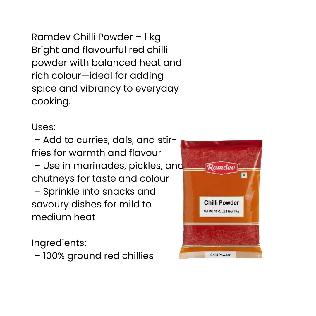 Ramdev Chilli Powder (Laal Mirch Powder) | 1kg Bulk Pack - Pure Spicy Indian Red Chili Powder, Family Saving Pack for Bold Heat | South Africa | India Bazaar