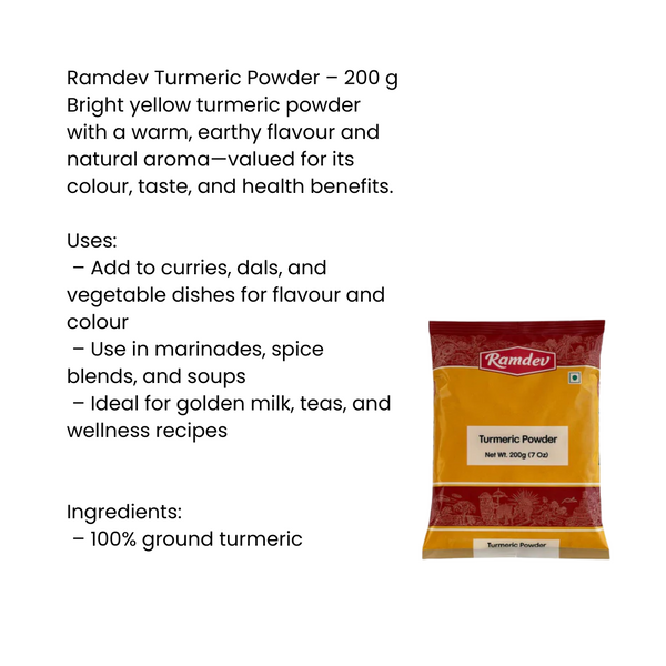 Ramdev Turmeric Powder 200g – Pure & Vibrant Indian Spice | Fresh & Natural|BB:MAR.2027