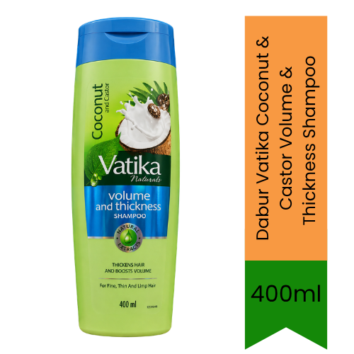 Dabur Vatika Coconut & Castor Volume & Thickness Shampoo | 400ml - Premium Pure Hair Care Shampoo for Fine Flat Hair, Volume Boost & Nourishment | Delivers Fuller, Stronger & Shiny Hair | South Africa | India Bazaar