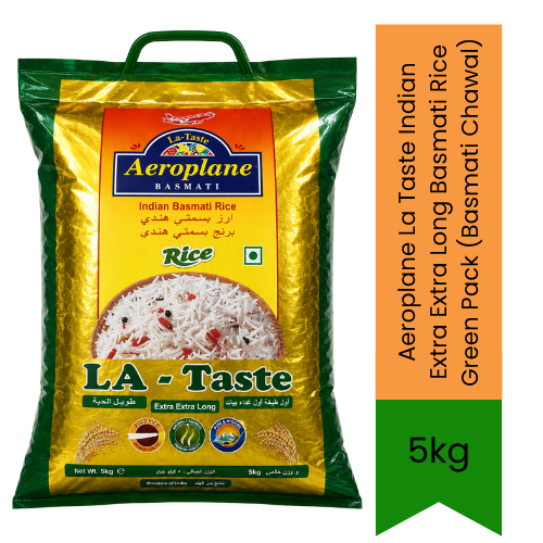 Aeroplane La Taste Indian Extra Extra Long Basmati Rice Green Pack (Basmati Chawal) | 5kg - Premium Pure Long Grain Rice for Authentic Biryani & Daily Cooking | Delivers Rich Aroma & Fluffy Texture | South Africa | India Bazaar